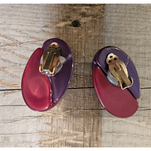 VINTAGE Statement Earrings Purple & Red Interlocking Loop Design Fashion Jewelry - Picture 14 of 16